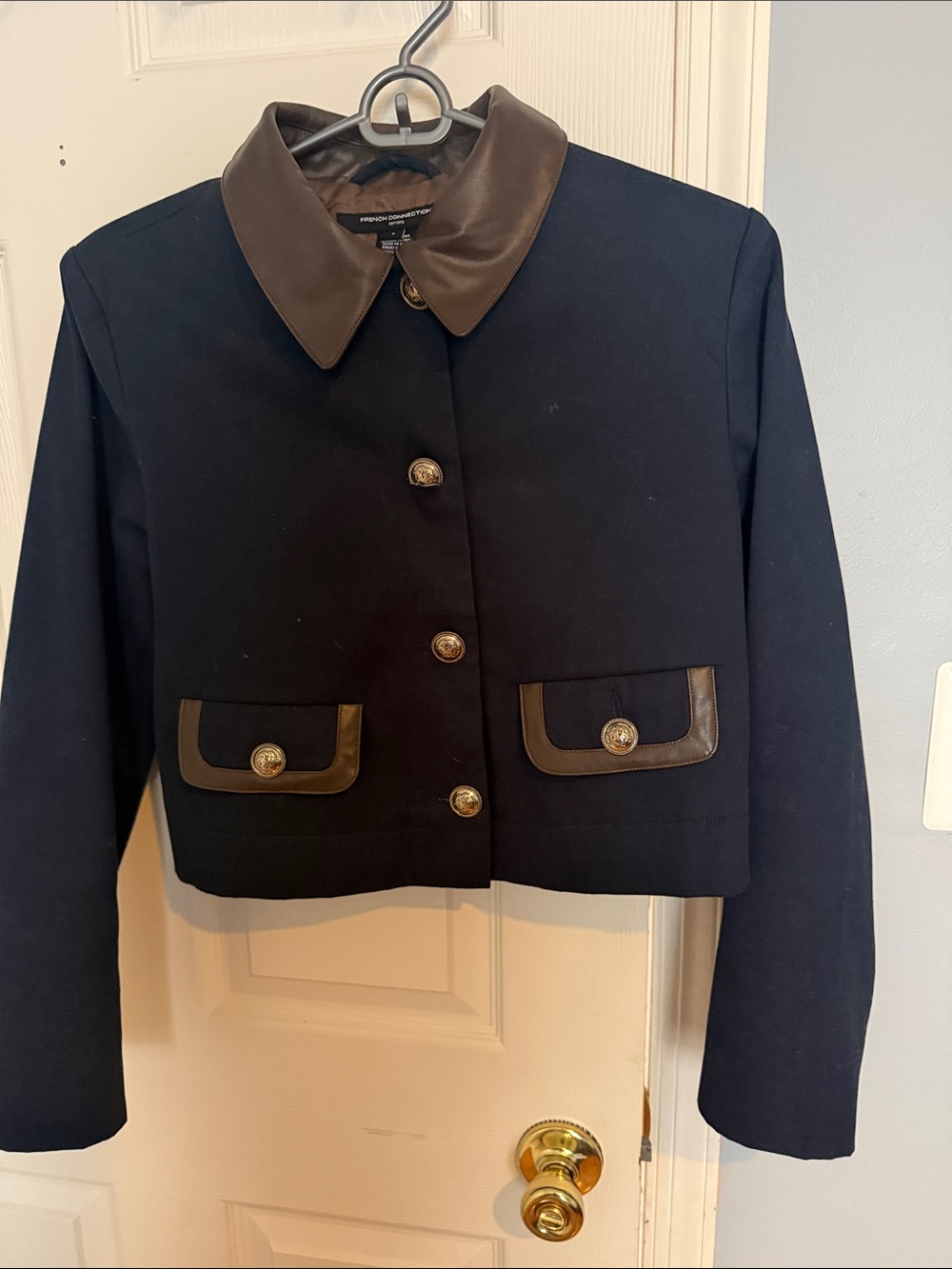 French Connection Black Cropped Blazer with Brown Trim and Gold Buttons